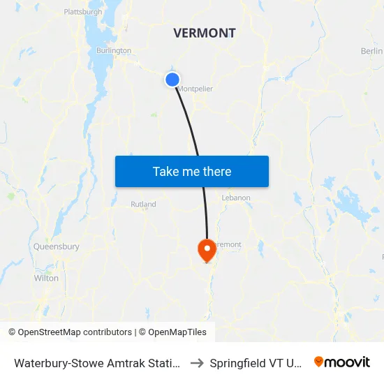 Waterbury-Stowe Amtrak Station to Springfield VT USA map