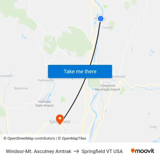 Windsor-Mt. Ascutney Amtrak to Springfield VT USA map
