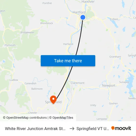 White River Junction Amtrak Station to Springfield VT USA map