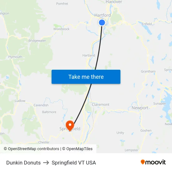 Dunkin Donuts to Springfield VT USA map