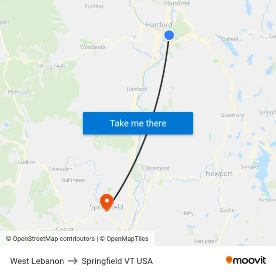 West Lebanon to Springfield VT USA map