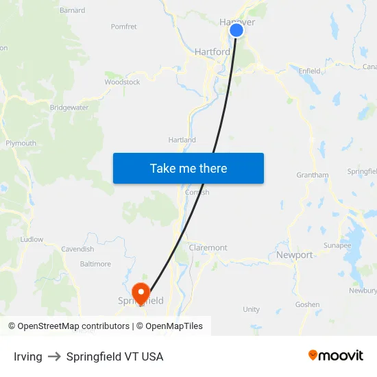 Irving to Springfield VT USA map
