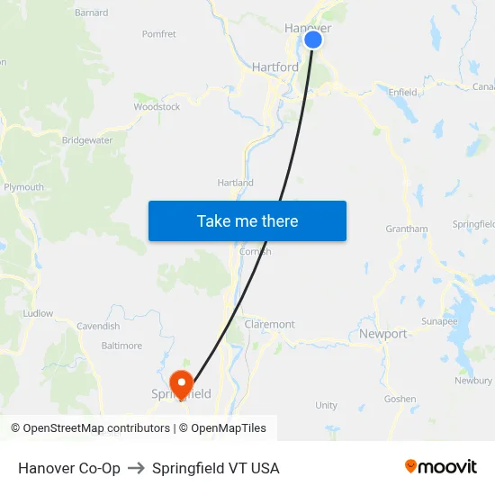 Hanover Co-Op to Springfield VT USA map