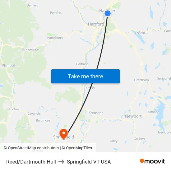Reed/Dartmouth Hall to Springfield VT USA map