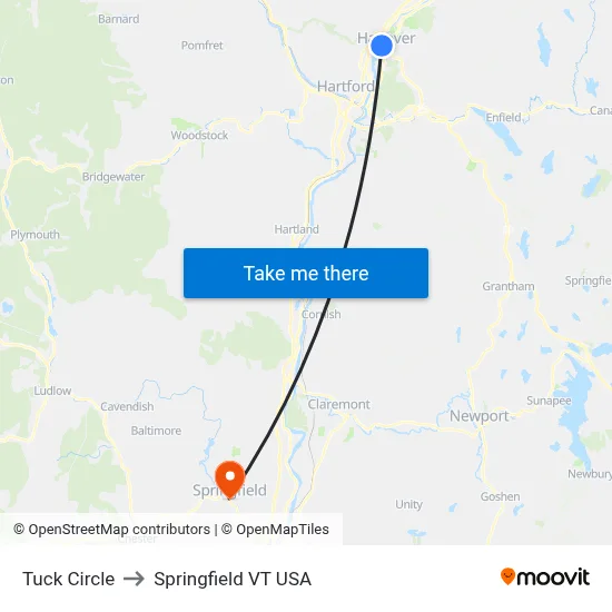 Tuck Circle to Springfield VT USA map