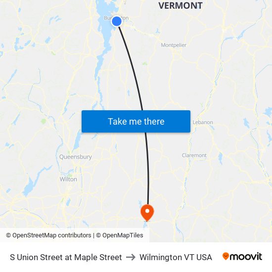 S Union Street at Maple Street to Wilmington VT USA map