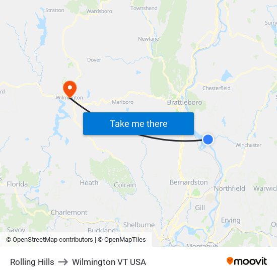 Rolling Hills to Wilmington VT USA map