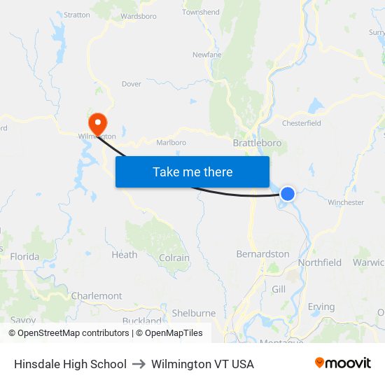 Hinsdale High School to Wilmington VT USA map