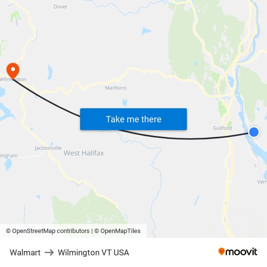 Walmart to Wilmington VT USA map