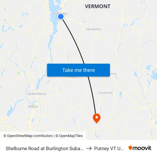 Shelburne Road at Burlington Subaru to Putney VT USA map