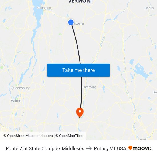 Route 2 at State Complex Middlesex to Putney VT USA map