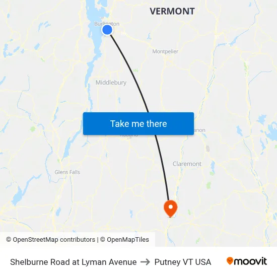 Shelburne Road at Lyman Avenue to Putney VT USA map