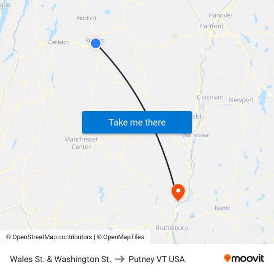 Wales St. & Washington St. to Putney VT USA map