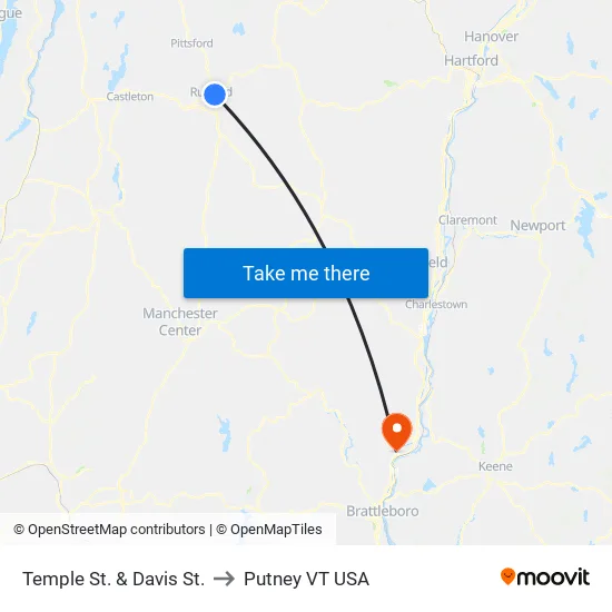Temple St. & Davis St. to Putney VT USA map