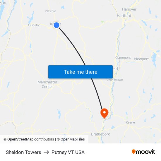 Sheldon Towers to Putney VT USA map