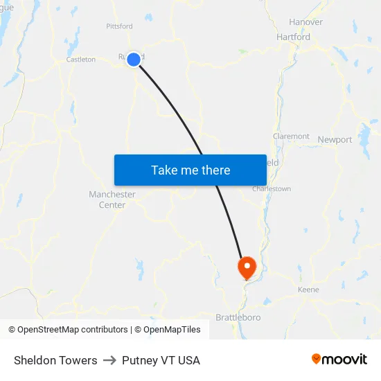 Sheldon Towers to Putney VT USA map