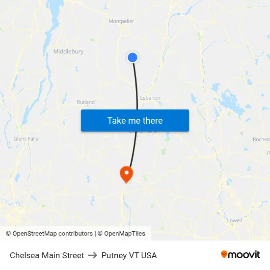 Chelsea Main Street to Putney VT USA map
