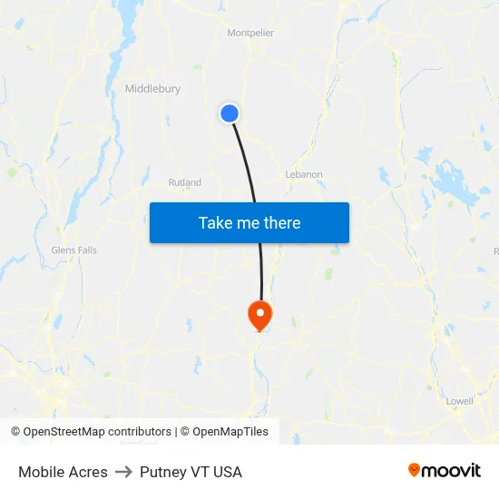Mobile Acres to Putney VT USA map