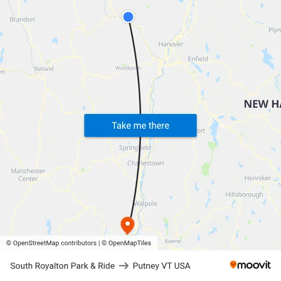 South Royalton Park & Ride to Putney VT USA map