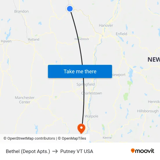 Bethel (Depot Apts.) to Putney VT USA map