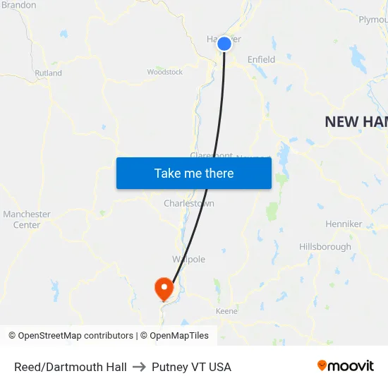 Reed/Dartmouth Hall to Putney VT USA map