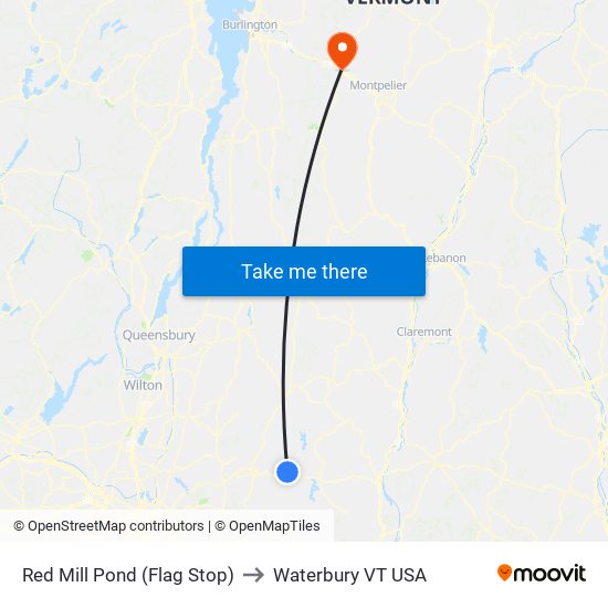 Red Mill Pond (Flag Stop) to Waterbury VT USA map