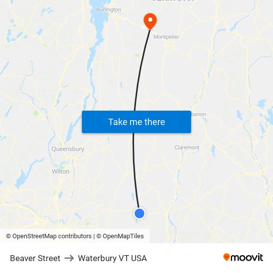 Beaver Street to Waterbury VT USA map