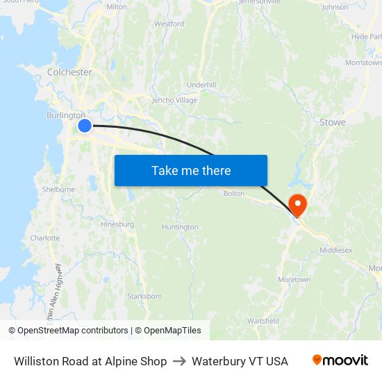 Williston Road at Alpine Shop to Waterbury VT USA map