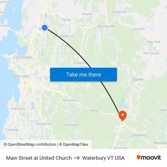 Main Street at United Church to Waterbury VT USA map