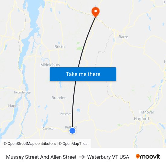 Mussey Street And Allen Street to Waterbury VT USA map