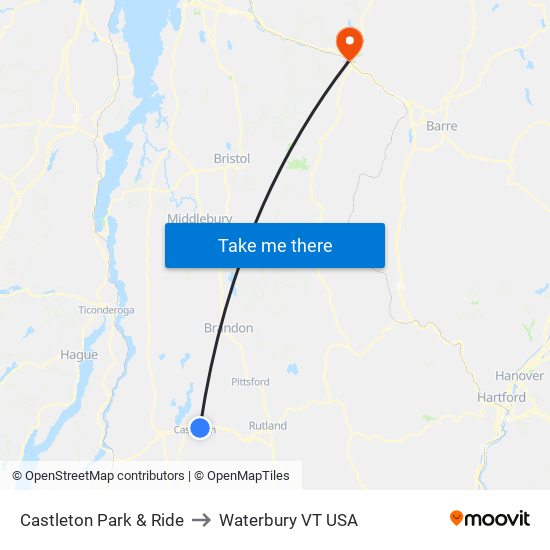 Castleton Park & Ride to Waterbury VT USA map