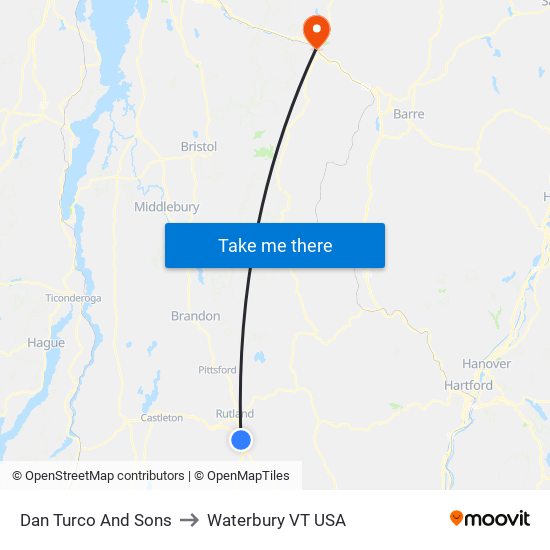 Dan Turco And Sons to Waterbury VT USA map