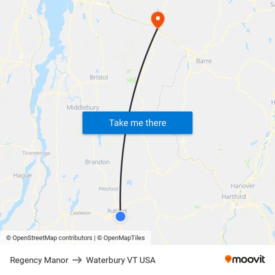 Regency Manor to Waterbury VT USA map