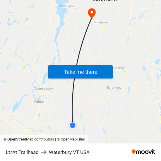 Lt/At Trailhead to Waterbury VT USA map