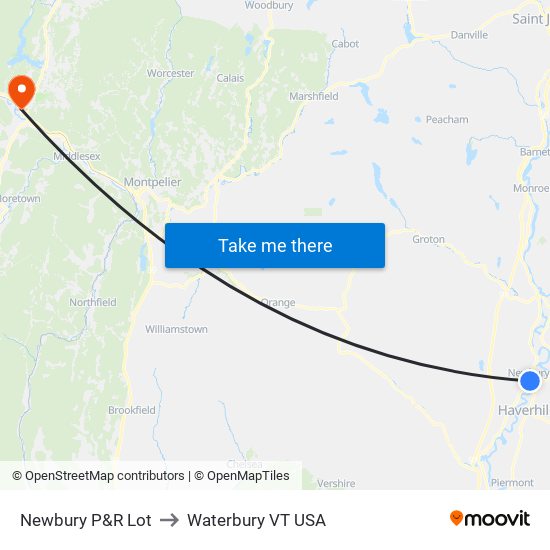 Newbury P&R Lot to Waterbury VT USA map