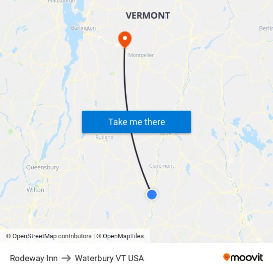 Rodeway Inn to Waterbury VT USA map