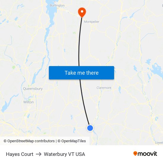 Hayes Court to Waterbury VT USA map