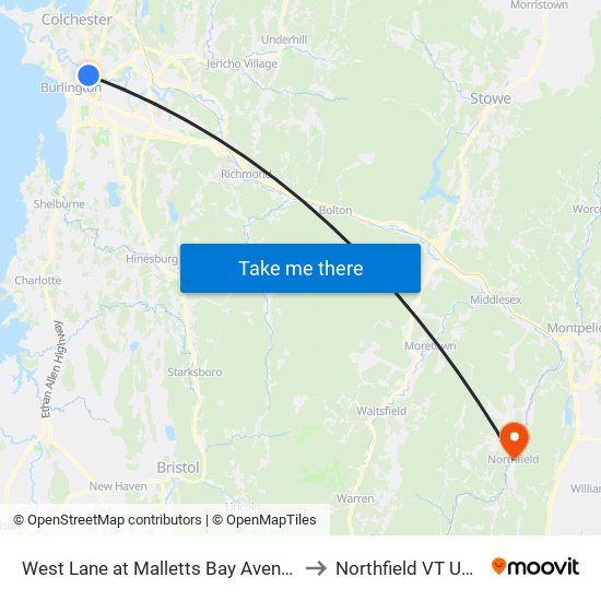 West Lane at Malletts Bay Avenue to Northfield VT USA map