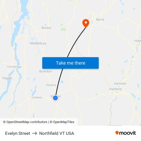 Evelyn Street to Northfield VT USA map