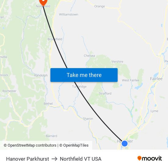 Hanover Parkhurst to Northfield VT USA map