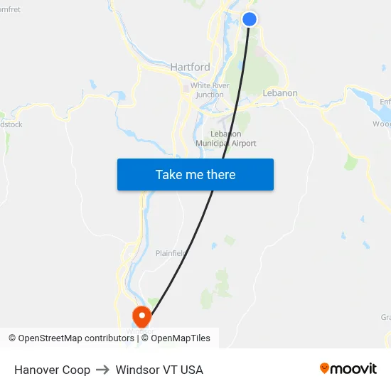 Hanover Coop to Windsor VT USA map