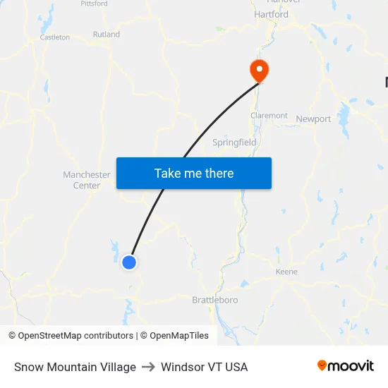 Snow Mountain Village to Windsor VT USA map
