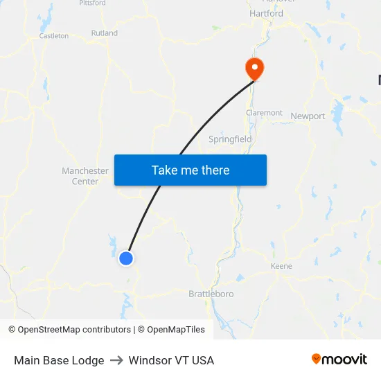 Main Base Lodge to Windsor VT USA map