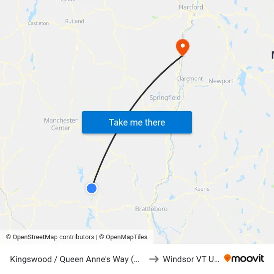 Kingswood / Queen Anne's Way (West) to Windsor VT USA map