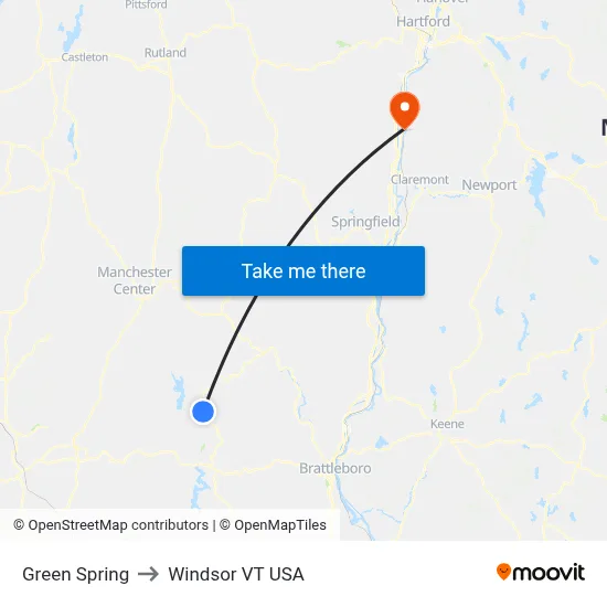 Green Spring to Windsor VT USA map