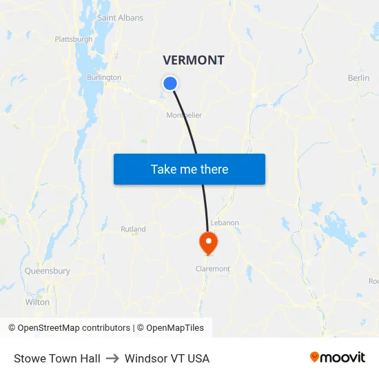 Stowe Town Hall to Windsor VT USA map