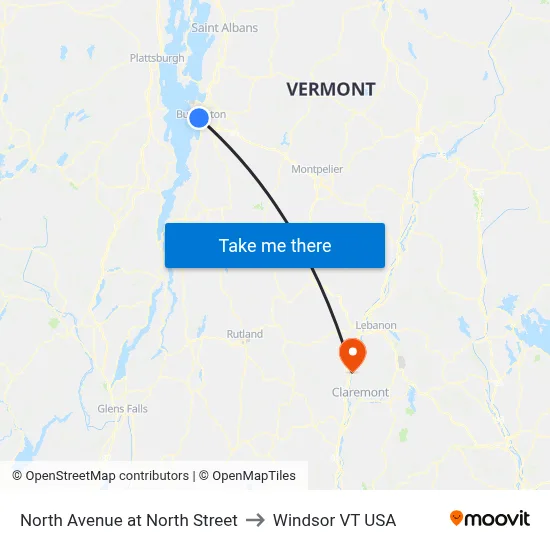 North Avenue at North Street to Windsor VT USA map