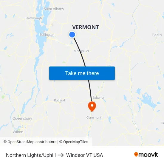 Northern Lights/Uphill to Windsor VT USA map