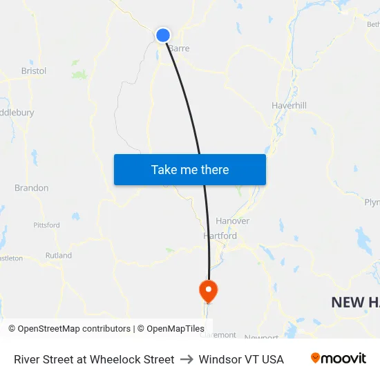 River Street at Wheelock Street to Windsor VT USA map