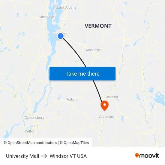 University Mall to Windsor VT USA map